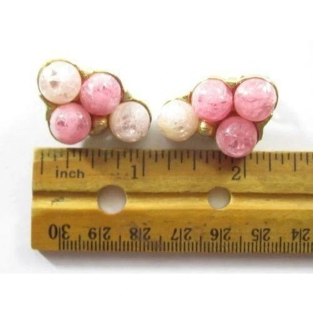 Vintage Signed Kramer Pink Bubble Glass Bead Gold Plated‎ Clip-On Earrings